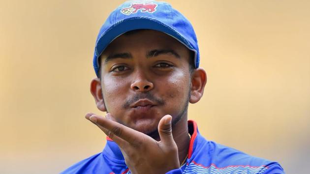 Mumbai's Prithvi Shaw gestures during their 1st semifinal cricket match of Vijay Hazare Trophy against Hyderabad(PTI)