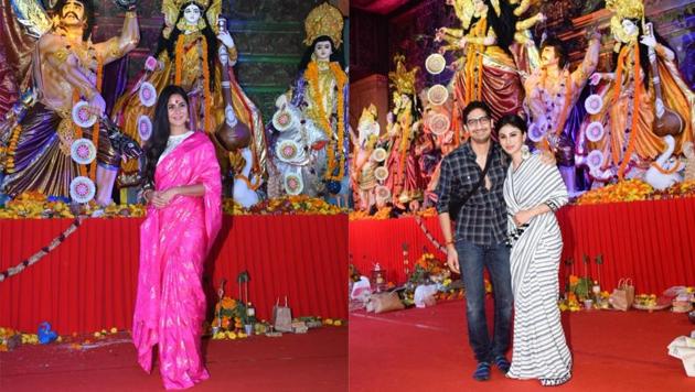 Katrina Kaif and Mouni Roy were spotted at a Durga Puja pandal in Mumbai on Thursday.(Viral Bhayani/IANS)
