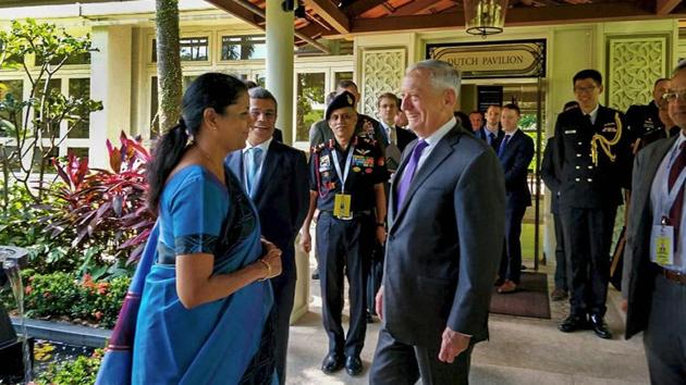 Defence minister Nirmala Sitharaman with United States Secretary of Defence James Mattis at a meeting on the sidelines of ASEAN Defence Ministers’ Meet (Plus) in Singapore October 19.(PTI Photo)