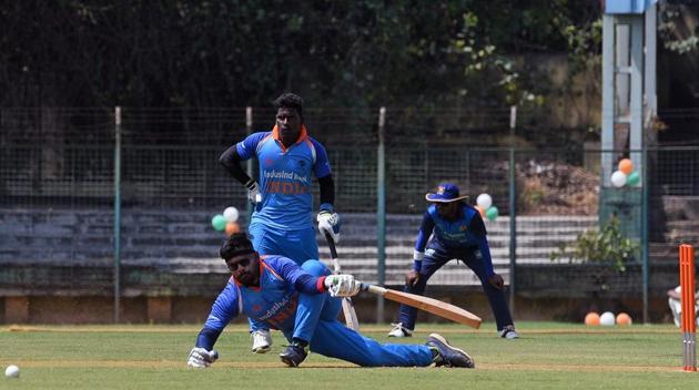 Ajay Kumar Reddy, captain of India’s blind national cricket team, in action during a T20 match against Sri Lanka at the Nehru stadium in Pune on Monday. India won the game, the first of a five-match series between the two teams. (Pratham Gokhale/HT Photo) Ajay Kumar Reddy, captain of India’s blind national cricket team, in action during a T20 match against Sri Lanka at the Nehru stadium in Pune on Monday. India won the game, the first of a five-match series between the two teams. (Pratham Gokhale/HT Photo)