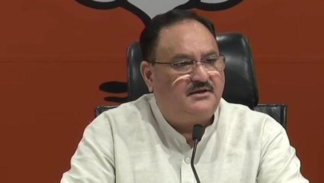 Union minister JP Nadda announces the BJP’s list of candidates for the upcoming state assembly election after the party’s Central Election Committee meeting in New Delhi on Saturday.(ANI/Twitter)