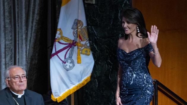 Keynote speaker Ambassador to the United Nations Nikki Haley is introduced as she attends the 73rd Annual Alfred E. Smith Memorial Foundation Dinner Thursday in New York.(AP Photo)