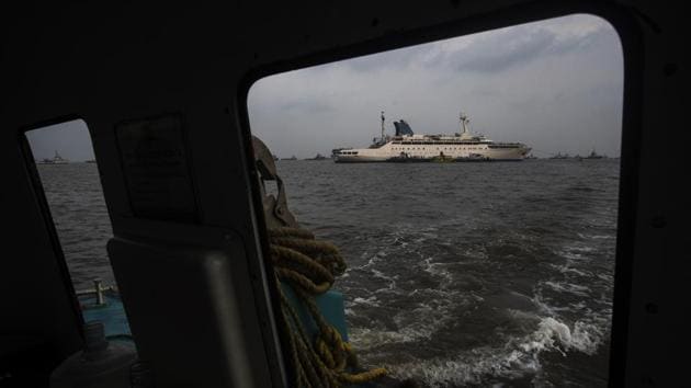 Angriya, India’s first domestic cruise seen off the coast of Mumbai in Bhaucha Dhakka, Maharashtra. (Pratik Chorge / HT Photo) Angriya, India’s first domestic cruise seen off the coast of Mumbai in Bhaucha Dhakka, Maharashtra. (Pratik Chorge / HT Photo)