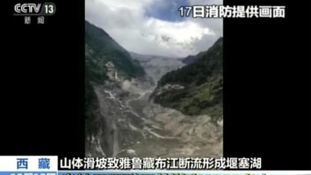 In this image taken from video footage run on Thursday, Oct 18, 2018, by China's CCTV via AP Video, a view of the landslide and barrier lake is seen on Yarlung Tsangpo in Tibet in western China.(AP Photo) In this image taken from video footage run on Thursday, Oct 18, 2018, by China's CCTV via AP Video, a view of the landslide and barrier lake is seen on Yarlung Tsangpo in Tibet in western China.(AP Photo)
