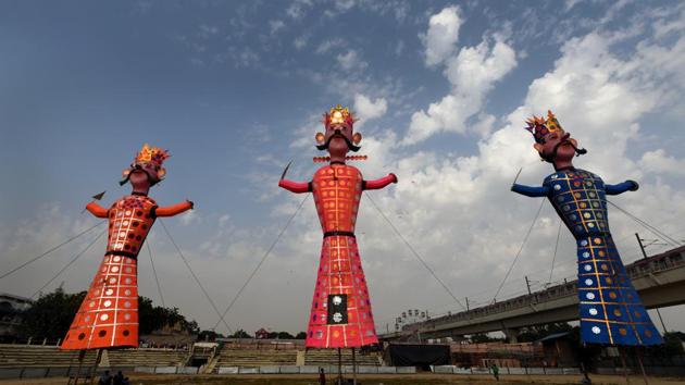 Effigies of Ravana, Kumbhkaran and Meghad stand on the eve of Dussehra at Punjabi bagh in New Delhi. (Amal KS / HT Photo) Effigies of Ravana, Kumbhkaran and Meghad stand on the eve of Dussehra at Punjabi bagh in New Delhi. (Amal KS / HT Photo)