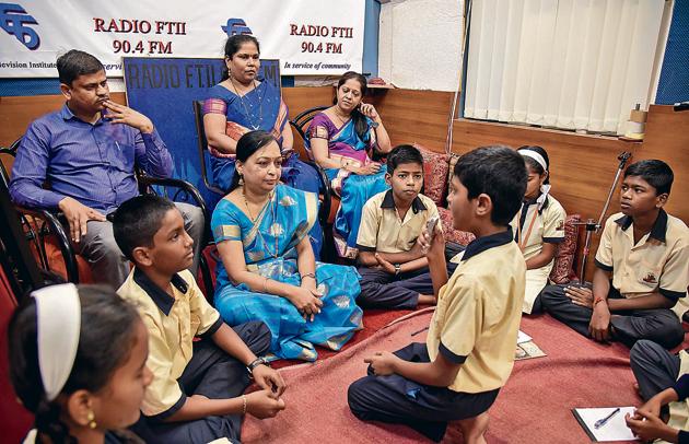 A group of young students from municipal schools across the city creating content for FTII community content. (Sanket Wankhade/HT PHOTO) A group of young students from municipal schools across the city creating content for FTII community content. (Sanket Wankhade/HT PHOTO)