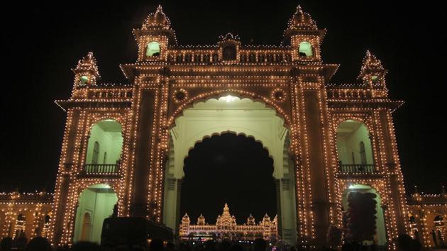 Mysore Palace stands illuminated as part of Dussehra festivities in Mysore, Karnataka. (Rishabh Jain / AP) Mysore Palace stands illuminated as part of Dussehra festivities in Mysore, Karnataka. (Rishabh Jain / AP)