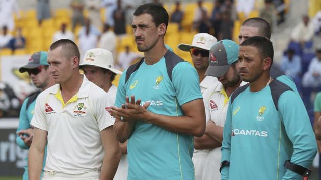 Australia's players from left to right, Marnus Labuschagne, Mitchell Sarc and Usman Khawaja react during the prize giving ceremony after they lost to Pakistan in their test match in Abu Dhabi, United Arab Emirates, Friday, Oct. 19, 2018 (AP) Australia's players from left to right, Marnus Labuschagne, Mitchell Sarc and Usman Khawaja react during the prize giving ceremony after they lost to Pakistan in their test match in Abu Dhabi, United Arab Emirates, Friday, Oct. 19, 2018 (AP)
