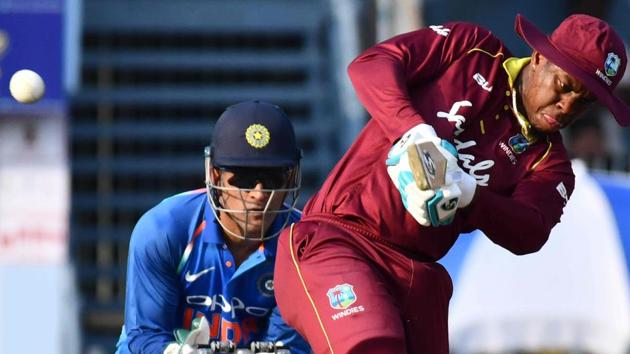 West Indies batsman Shimron Hetmyer plays a shot during the first one day international (ODI) cricket match. (AFP)