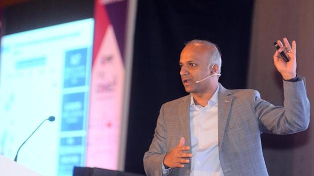 Pune, India - Oct. 20, 2018:Pari Natarajan, CEO of Zinnov LLC, speaks during Pune connect meet in Pune, India, on Saturday, October 20, 2018. (Photo by Shankar Narayan/HT PHOTO)