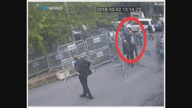 This image taken from CCTV video obtained by the Turkish broadcaster TRT World and made available on Sunday, October 21, 2018, purportedly shows Saudi journalist Jamal Khashoggi being allowed to pass barriers blocking the road leading to the Saudi consulate in Istanbul, on October 2, 2018. (AP) This image taken from CCTV video obtained by the Turkish broadcaster TRT World and made available on Sunday, October 21, 2018, purportedly shows Saudi journalist Jamal Khashoggi being allowed to pass barriers blocking the road leading to the Saudi consulate in Istanbul, on October 2, 2018. (AP)