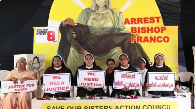 Nuns hold placards during a protest demanding justice after an alleged sexual assault of a nun by a bishop in Kochi, Kerala.(HT File Photo)