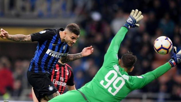 Inter Milan's Mauro Icardi scores against AC Milan on Sunday.(REUTERS)
