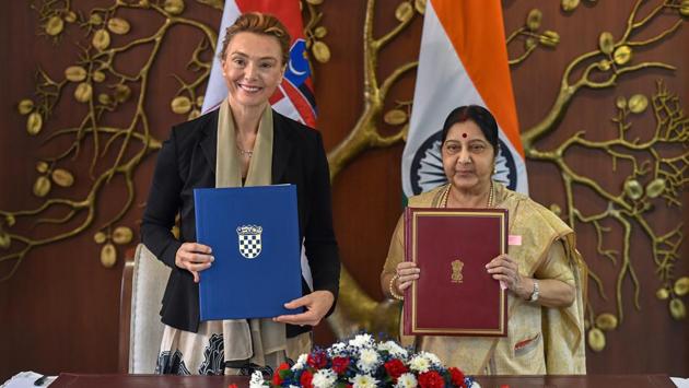 India and Croatia on Monday signed two agreements to facilitate cultural exchange and diplomatic cooperation. The agreements were signed and exchanged by External Affairs Minister Sushma Swaraj and her Croatian counterpart Marija Pejcinovic Buric. (Manvender Vashist / PTI) India and Croatia on Monday signed two agreements to facilitate cultural exchange and diplomatic cooperation. The agreements were signed and exchanged by External Affairs Minister Sushma Swaraj and her Croatian counterpart Marija Pejcinovic Buric. (Manvender Vashist / PTI)