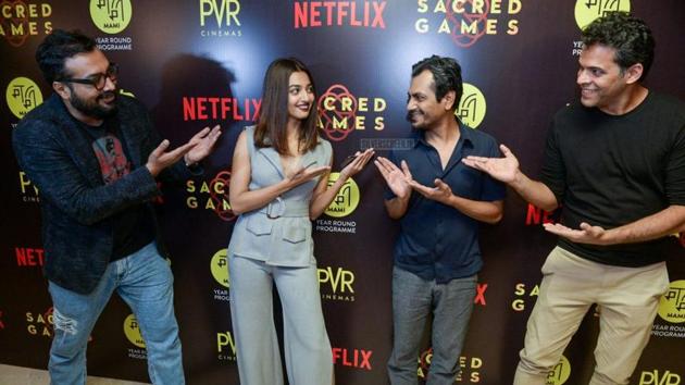 Anurag Kashyap, Radhika Apte, Nawazuddin Siddiqui and Vikramaditya Motwane promote Sacred Games in New Delhi.