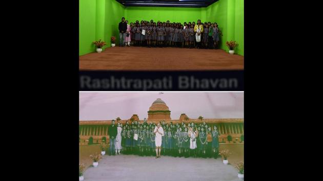 Combination shows (top) school children posing next to a green screen and (below) their image projected with the figure of Mahatma Gandhi. Technology allows visitors to walk with Gandhi in the virtual reality room, while interactive features include a flipbook of India’s constitution. (Chandan Khanna / AFP) 