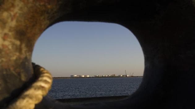 A general view of an oil dock is seen from a ship at the port of Kalantari in the city of Chabahar.(Reuters)