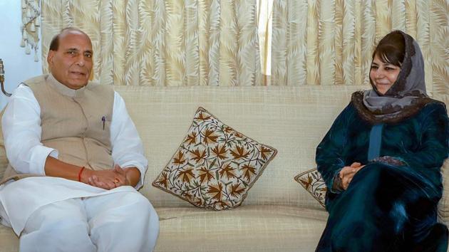 Union home minister Rajnath Singh with the president of the Jammu and Kashmir Peoples Democratic Party (PDP) Mehbooba Mufti, in Srinagar on October 23, 2018.(PTI Photo) Union home minister Rajnath Singh with the president of the Jammu and Kashmir Peoples Democratic Party (PDP) Mehbooba Mufti, in Srinagar on October 23, 2018.(PTI Photo)