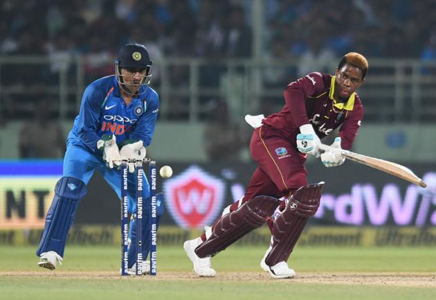 West Indies cricketer Shimron Hetmyer plays a shot during the second one day international (ODI) cricket match between India and West Indies at the Dr. Y.S. Rajasekhara Reddy ACA-VDCA Cricket Stadium in Visakhapatnam. (AFP)