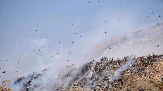 A Delhi Fire Service official said firefighting was still on at the garbage dump site. (HT Photo) (HT) A Delhi Fire Service official said firefighting was still on at the garbage dump site. (HT Photo) (HT)