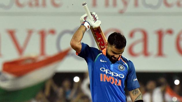 Virat Kohli celebrates after scoring a century in Guwahati on Sunday. (PTI) Virat Kohli celebrates after scoring a century in Guwahati on Sunday. (PTI)