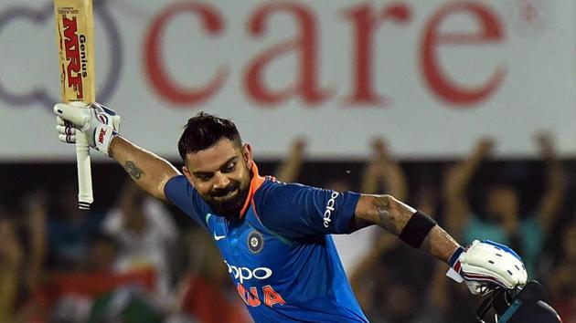 Virat Kohli celebrates after scoring his century in the first ODI on Sunday. (PTI) Virat Kohli celebrates after scoring his century in the first ODI on Sunday. (PTI)