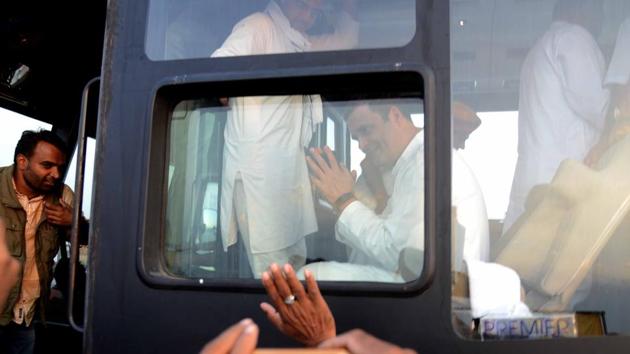 Kota, Rajasthan, India- October 24 : AICC President Rahul Gandhi during a road show, in Kota, Rajasthan, 24 October 2018. (Photo by A H Zaidi/ Hindustan Times)(HT Photo)