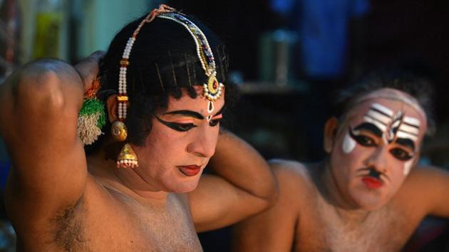 The events or prasangas enacted in a performance are often loosely strung episodes adapted from the texts and narrated by a Bhagavata or chief singer in the troupe. Each prasanga contains poetry, dialogue, prose and even philosophical debates in character. The freewheeling performances do not follow strict metre, rhymes or arrangement of elements within a narrative. (Manjunath Kiran / AFP) The events or prasangas enacted in a performance are often loosely strung episodes adapted from the texts and narrated by a Bhagavata or chief singer in the troupe. Each prasanga contains poetry, dialogue, prose and even philosophical debates in character. The freewheeling performances do not follow strict metre, rhymes or arrangement of elements within a narrative. (Manjunath Kiran / AFP)
