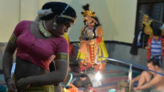 Performances following in tradition still have male actors portraying female roles, as troupes in centuries past were attached to temple complexes. The entry of women into Yakshagana troupes, newer themes and interpretations as well as commercial performances are all developments of the 20th century. (Manjunath Kiran / AFP) Performances following in tradition still have male actors portraying female roles, as troupes in centuries past were attached to temple complexes. The entry of women into Yakshagana troupes, newer themes and interpretations as well as commercial performances are all developments of the 20th century. (Manjunath Kiran / AFP)
