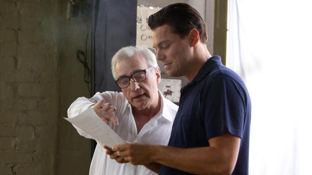 Leonardo DiCaprio and Martin Scorsese on the set of The Wolf of Wall Street.