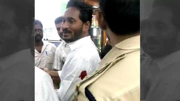 YSR Congress chief Jagan Mohan Reddy at the Vizag airport after being attacked on Thursday.(HT Photo)