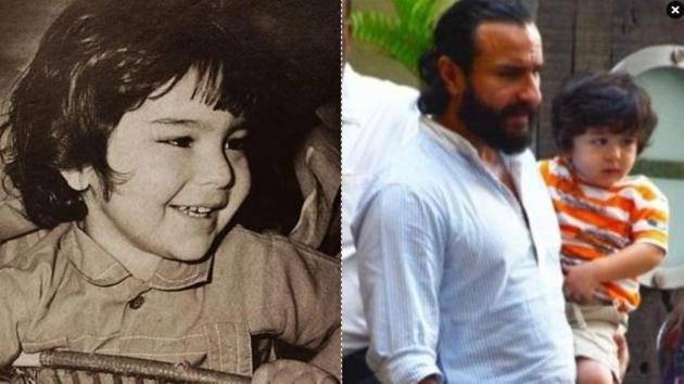 Saif Ali Khan’s cute childhood picture (left) and the actor with his son Taimur.(IANS)