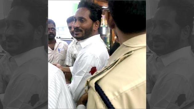 YSR Congress chief Jagan Mohan Reddy at the Vizag airport after being attacked on Thursday.(HT Photo)