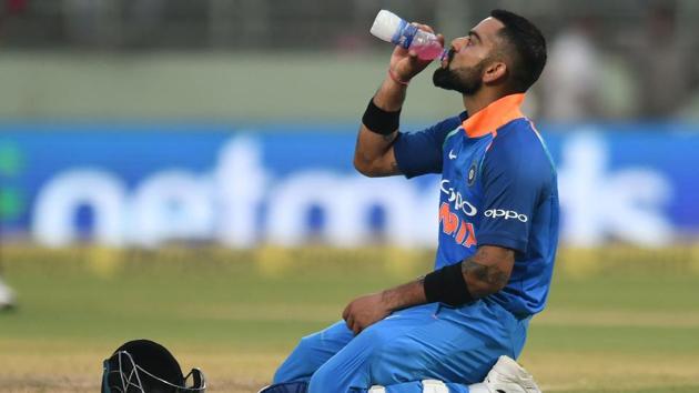 Virat Kohli takes a break during his innings in Visakhapatnam on Wednesday. (AFP) Virat Kohli takes a break during his innings in Visakhapatnam on Wednesday. (AFP)
