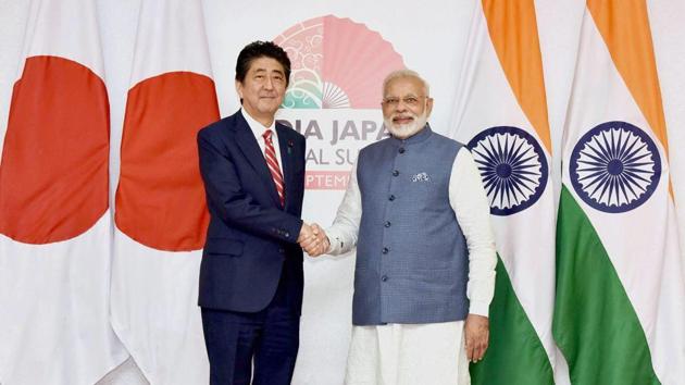 File picture of Prime Minister Narendra Modi and his Japanese counterpart Shinzo Abe during the India - Japan Annual Summit in Gandhinagar, Gujarat. (PTI Photo) File picture of Prime Minister Narendra Modi and his Japanese counterpart Shinzo Abe during the India - Japan Annual Summit in Gandhinagar, Gujarat. (PTI Photo)