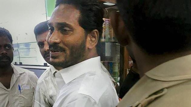 YSR Congress Party chief Jagan Mohan Reddy after he was stabbed on his arm at Visakhapatnam airport on Thursday.(PTI)