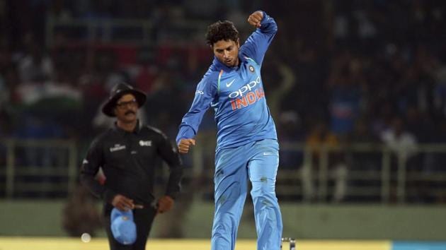 Kuldeep Yadav celebrates the dismissal of Rovman Powell in Visakhapatnam on Wednesday. (AP) Kuldeep Yadav celebrates the dismissal of Rovman Powell in Visakhapatnam on Wednesday. (AP)