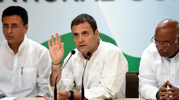 Congress Party President Rahul Gandhi with other Congress leaders during a press conference on the issue of CBI chief Alok Verma’s removal from the post and Rafale deal controversy at AICC headquarters in New Delhi, India on Thursday, October 25, 2018. (Sonu Mehta/HT PHOTO) Congress Party President Rahul Gandhi with other Congress leaders during a press conference on the issue of CBI chief Alok Verma’s removal from the post and Rafale deal controversy at AICC headquarters in New Delhi, India on Thursday, October 25, 2018. (Sonu Mehta/HT PHOTO)