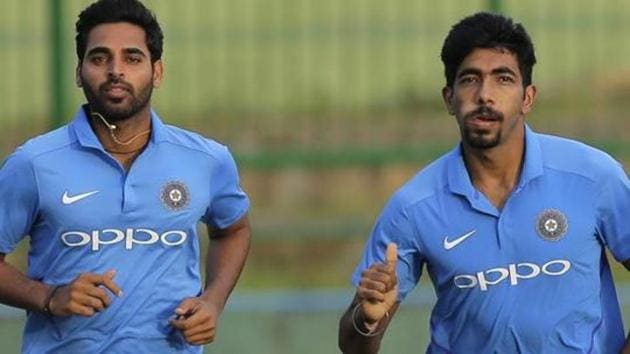 Indian cricketers Bhuvneshwar Kumar and Jasprit Bumrah during a practice session. (AP) Indian cricketers Bhuvneshwar Kumar and Jasprit Bumrah during a practice session. (AP)