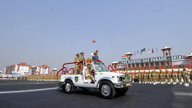 Union Home Minister Rajnath Singh inspects the Guard of Honour during the 57th ITBP Raising Day Parade, in Greater Noida, Uttar Pradesh. (Sunil Ghosh / HT Photo)