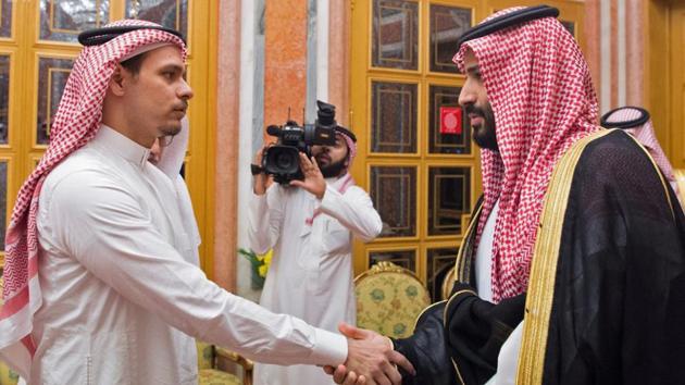 Saudi Crown Prince Mohammed bin Salman meets with the son of slain journalist Jamal Khashoggi in Riyadh state-run news agency SPA reported. The report said King Salman and Prince Mohammed offered their condolences to the family of the Saudi journalist. (SPA / Handout / AFP) Saudi Crown Prince Mohammed bin Salman meets with the son of slain journalist Jamal Khashoggi in Riyadh state-run news agency SPA reported. The report said King Salman and Prince Mohammed offered their condolences to the family of the Saudi journalist. (SPA / Handout / AFP)