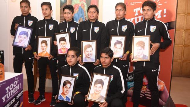 Players of the under-16 Football team that won the SAFF U-15 Cup held in Bhutan in August this year at the event. (sanjeev sharma)