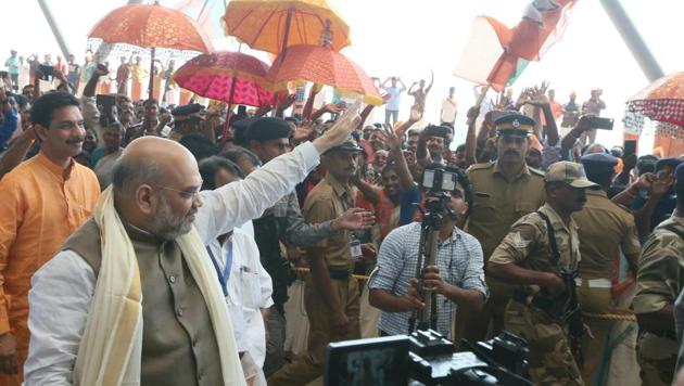 BJP president Amit Shah arrives in Kannur on Saturday. (HTPhoto) BJP president Amit Shah arrives in Kannur on Saturday. (HTPhoto)