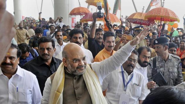 BJP president Amit Shah on his arrival at the Kannur International Airport, in Kannur.(PTI Photo) BJP president Amit Shah on his arrival at the Kannur International Airport, in Kannur.(PTI Photo)
