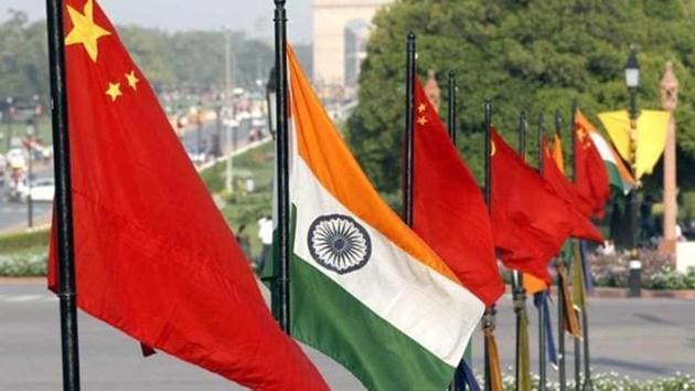 Flags of China and India at Vijay Chowk in New Delhi.(HT File Photo)