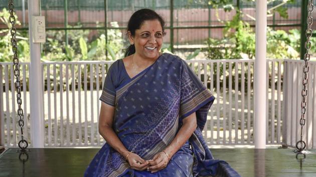 Defence minister Nirmala Sitharaman at her home in Safdarjung, New Delhi.(Burhaan Kinu/HT Photo)