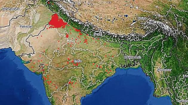 The image, generated on Saturday noon by the PGI and PU team using NASA’s Earth Observing System Data and Information System, shows around 2,000 spots where stubble burning is likely taking place. The number is highest in a day this season, and a majority (60-70%) of the spots lie in Punjab region.(Pic credit: Dr Ravindra Kahiwal)