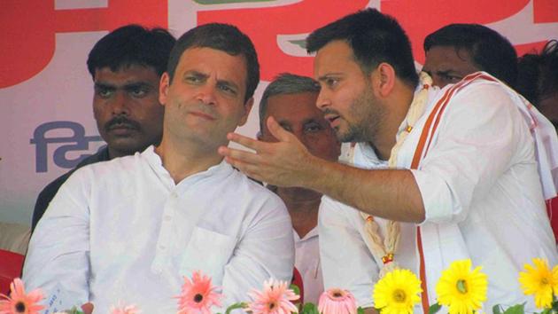 Congress president Rahul Gandhi with Lalu Prasad’s son and RJD vice-president Tejaswi Yadav. (HT PHOTO) Congress president Rahul Gandhi with Lalu Prasad’s son and RJD vice-president Tejaswi Yadav. (HT PHOTO)