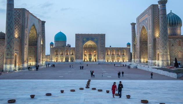 People gather at Registan Square in Samarkand, Uzbekistan.(Bloomberg)