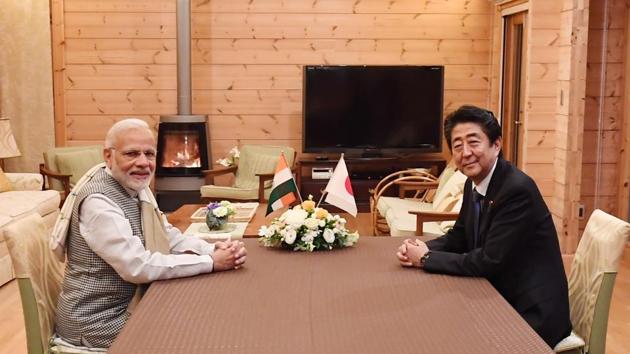 Prime Minister Narendra Modi at a dinner hosted by Japanese Prime Minister Shinzo Abe at his holiday home in Yamanashi, Japan on October 28, 2018.(PIB handout)